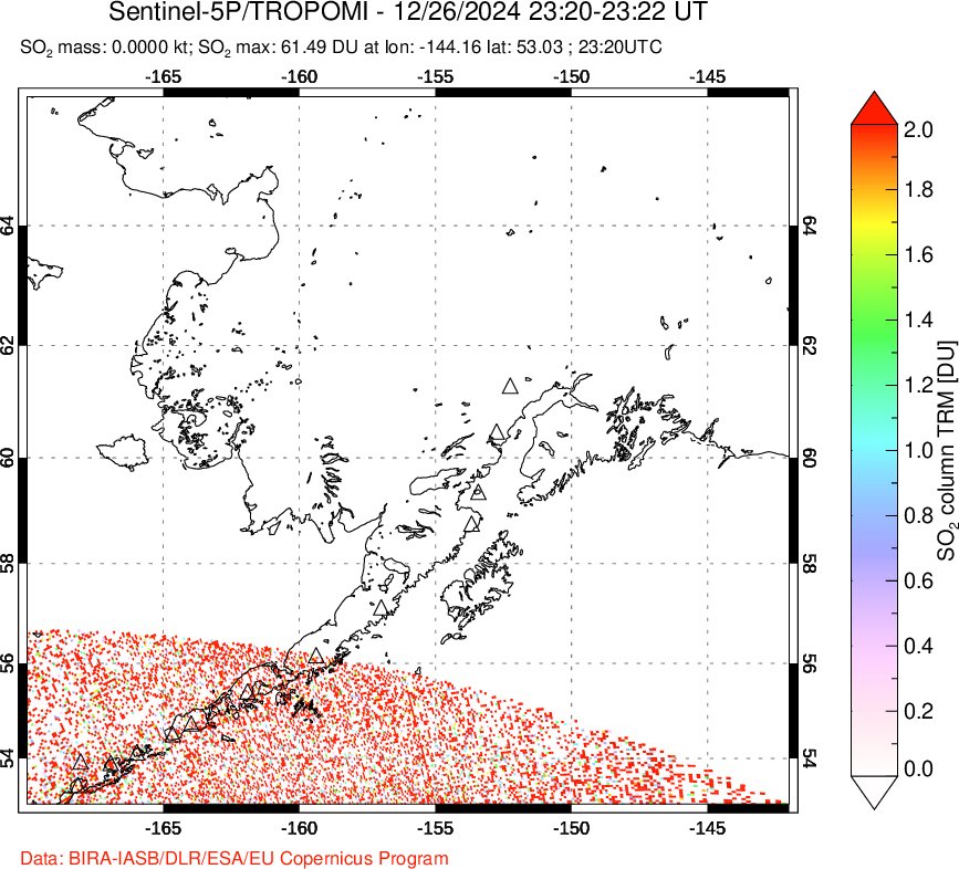 A sulfur dioxide image over Alaska, USA on Dec 26, 2024.