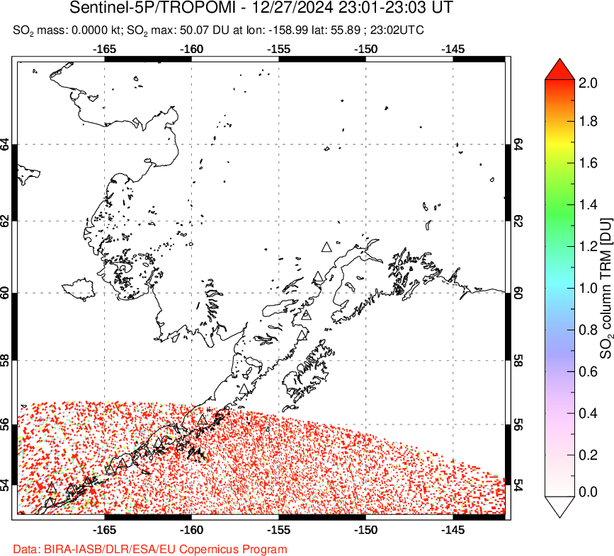 A sulfur dioxide image over Alaska, USA on Dec 27, 2024.