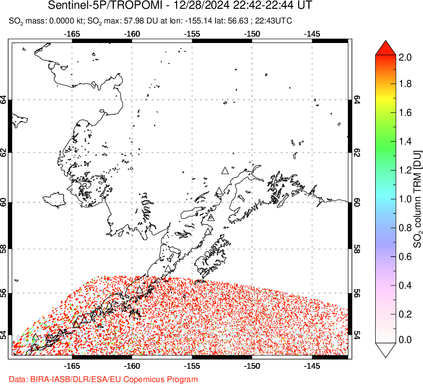 A sulfur dioxide image over Alaska, USA on Dec 28, 2024.