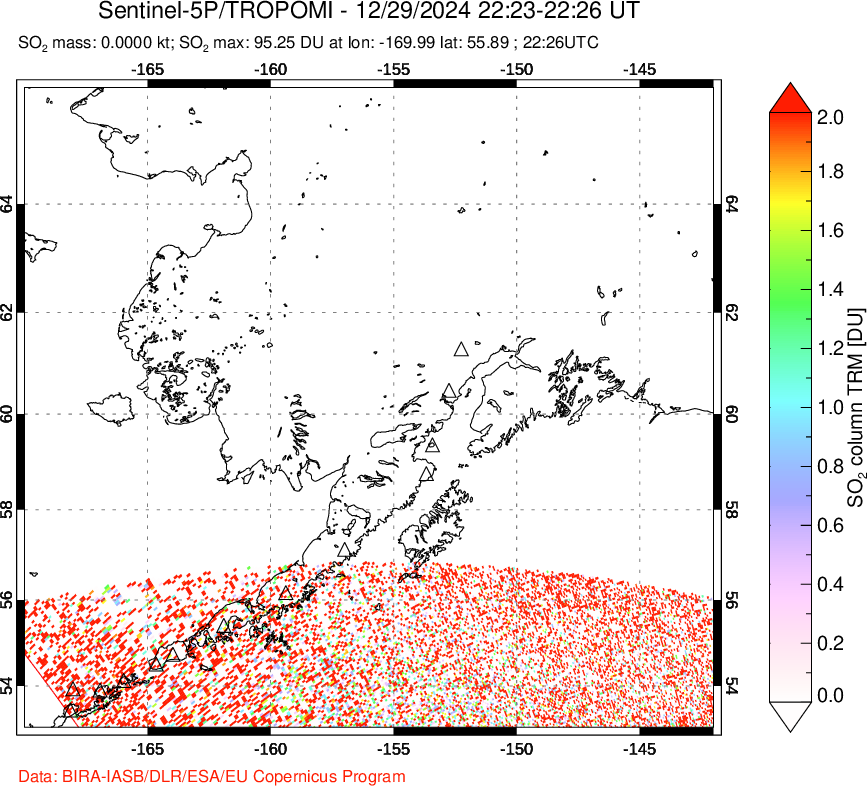 A sulfur dioxide image over Alaska, USA on Dec 29, 2024.