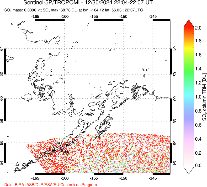 A sulfur dioxide image over Alaska, USA on Dec 30, 2024.