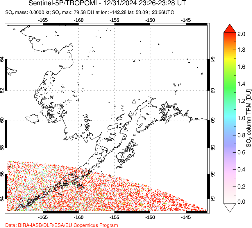 A sulfur dioxide image over Alaska, USA on Dec 31, 2024.