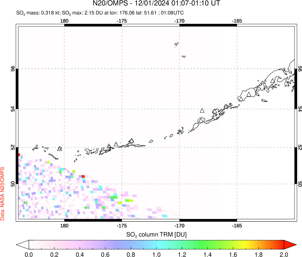 A sulfur dioxide image over Aleutian Islands, Alaska, USA on Dec 01, 2024.