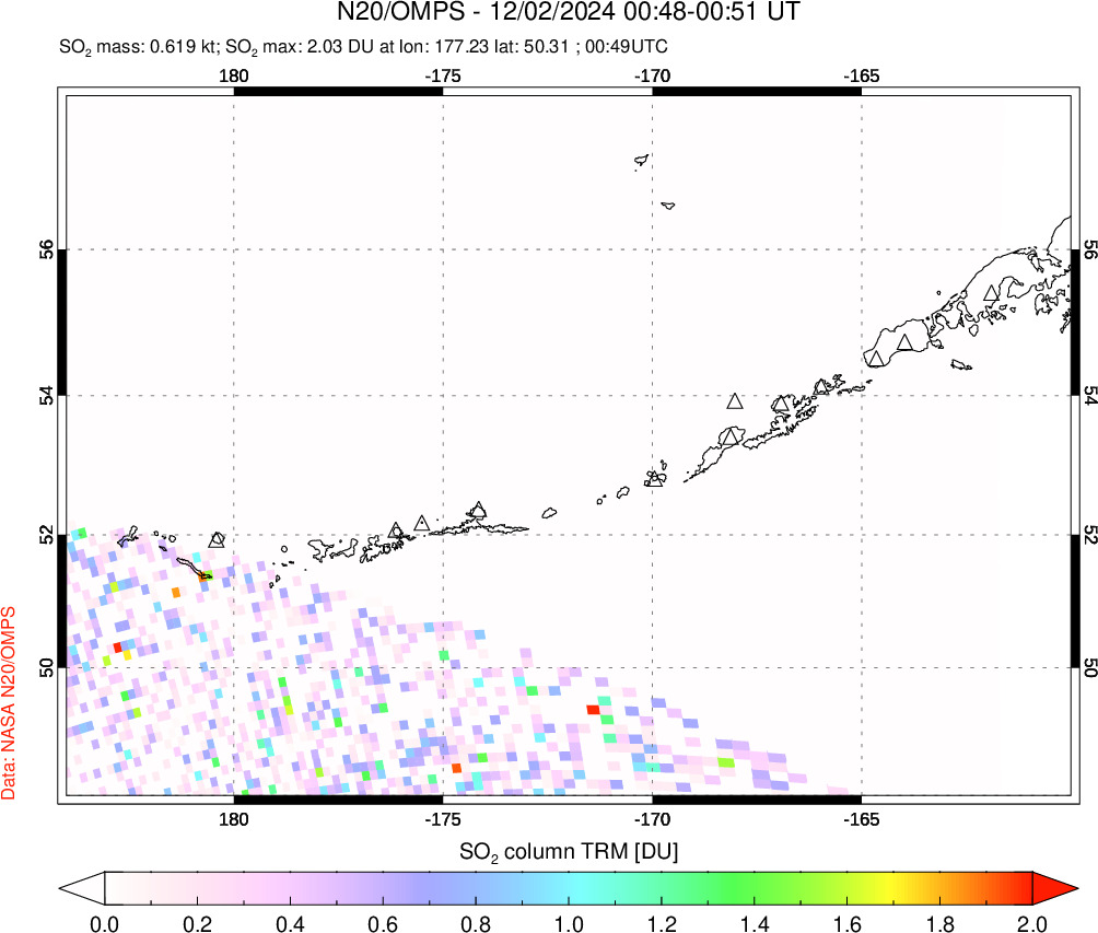 A sulfur dioxide image over Aleutian Islands, Alaska, USA on Dec 02, 2024.