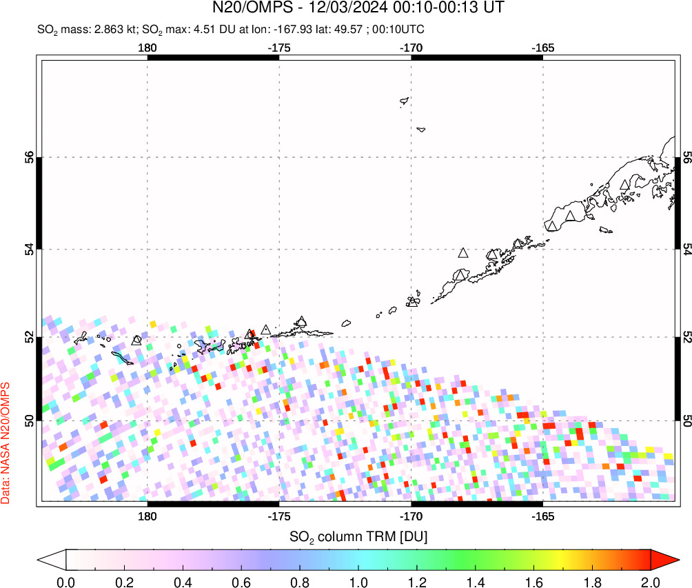 A sulfur dioxide image over Aleutian Islands, Alaska, USA on Dec 03, 2024.