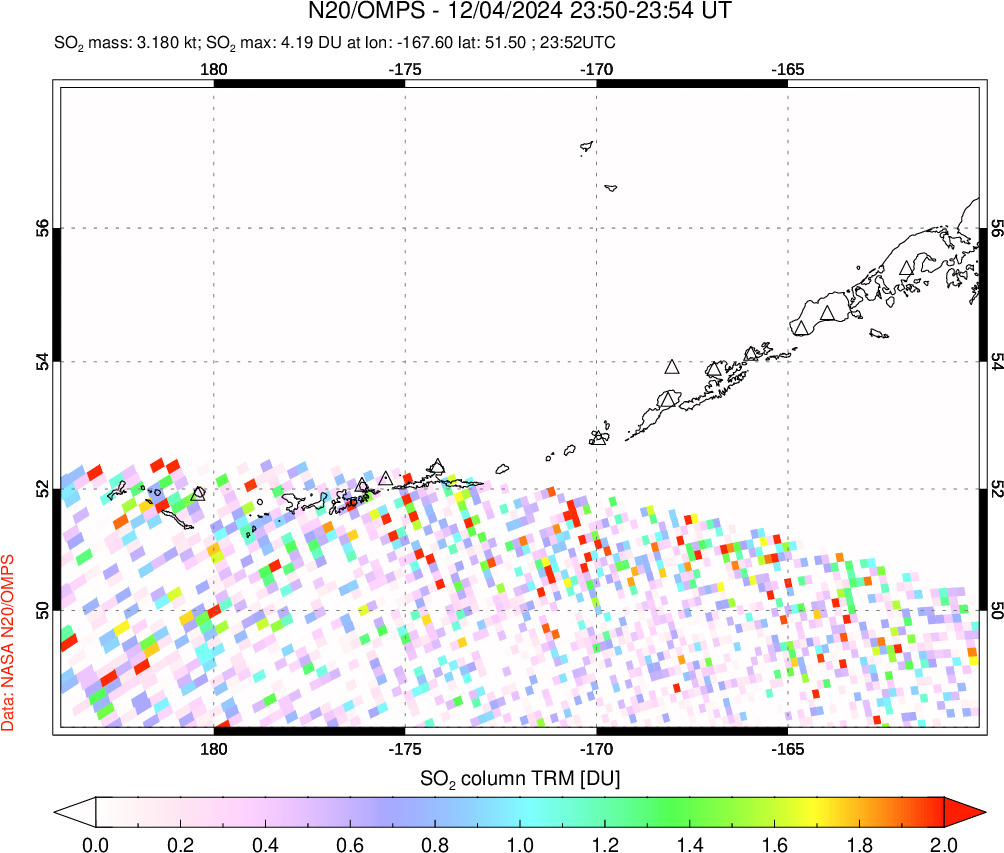 A sulfur dioxide image over Aleutian Islands, Alaska, USA on Dec 04, 2024.