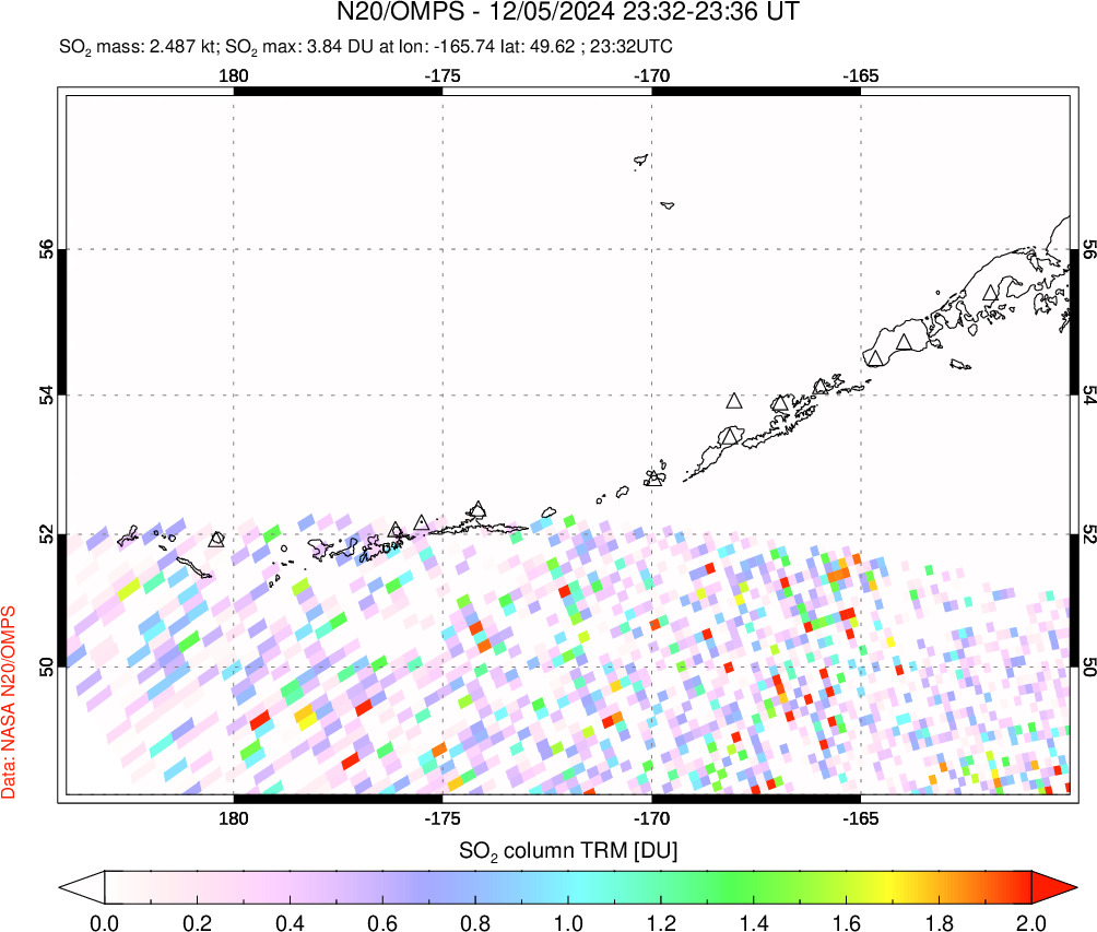 A sulfur dioxide image over Aleutian Islands, Alaska, USA on Dec 05, 2024.