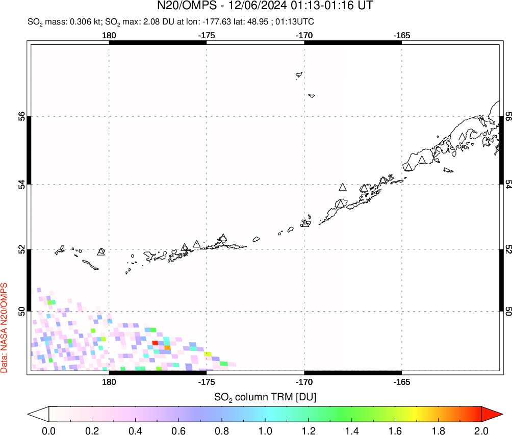 A sulfur dioxide image over Aleutian Islands, Alaska, USA on Dec 06, 2024.