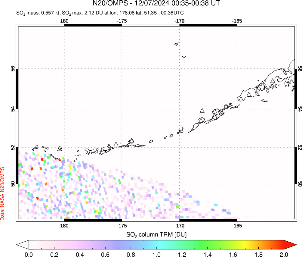 A sulfur dioxide image over Aleutian Islands, Alaska, USA on Dec 07, 2024.