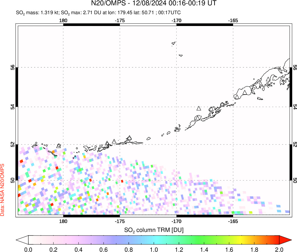 A sulfur dioxide image over Aleutian Islands, Alaska, USA on Dec 08, 2024.