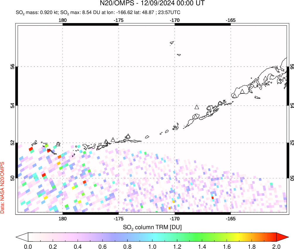 A sulfur dioxide image over Aleutian Islands, Alaska, USA on Dec 09, 2024.