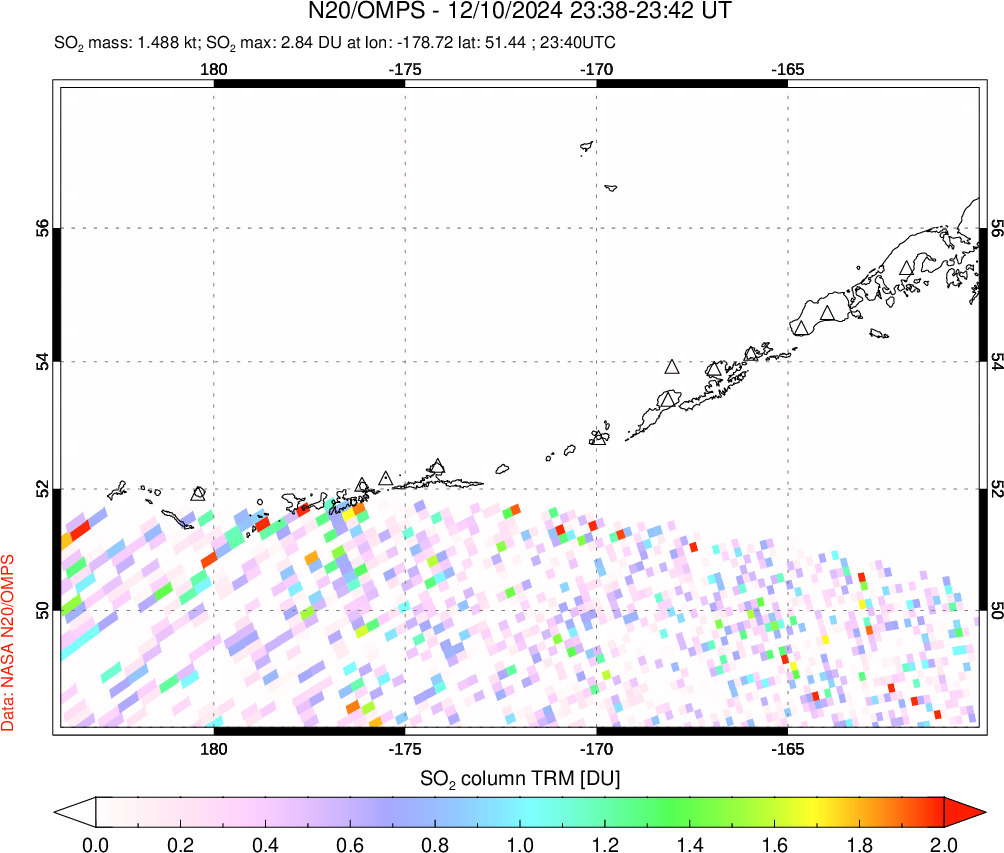 A sulfur dioxide image over Aleutian Islands, Alaska, USA on Dec 10, 2024.