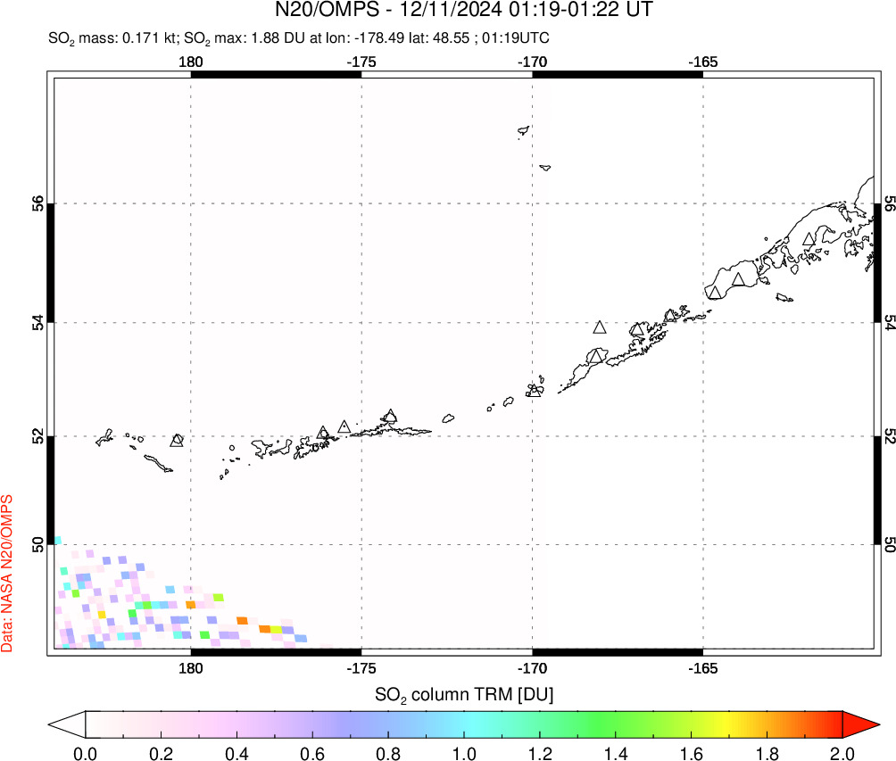 A sulfur dioxide image over Aleutian Islands, Alaska, USA on Dec 11, 2024.