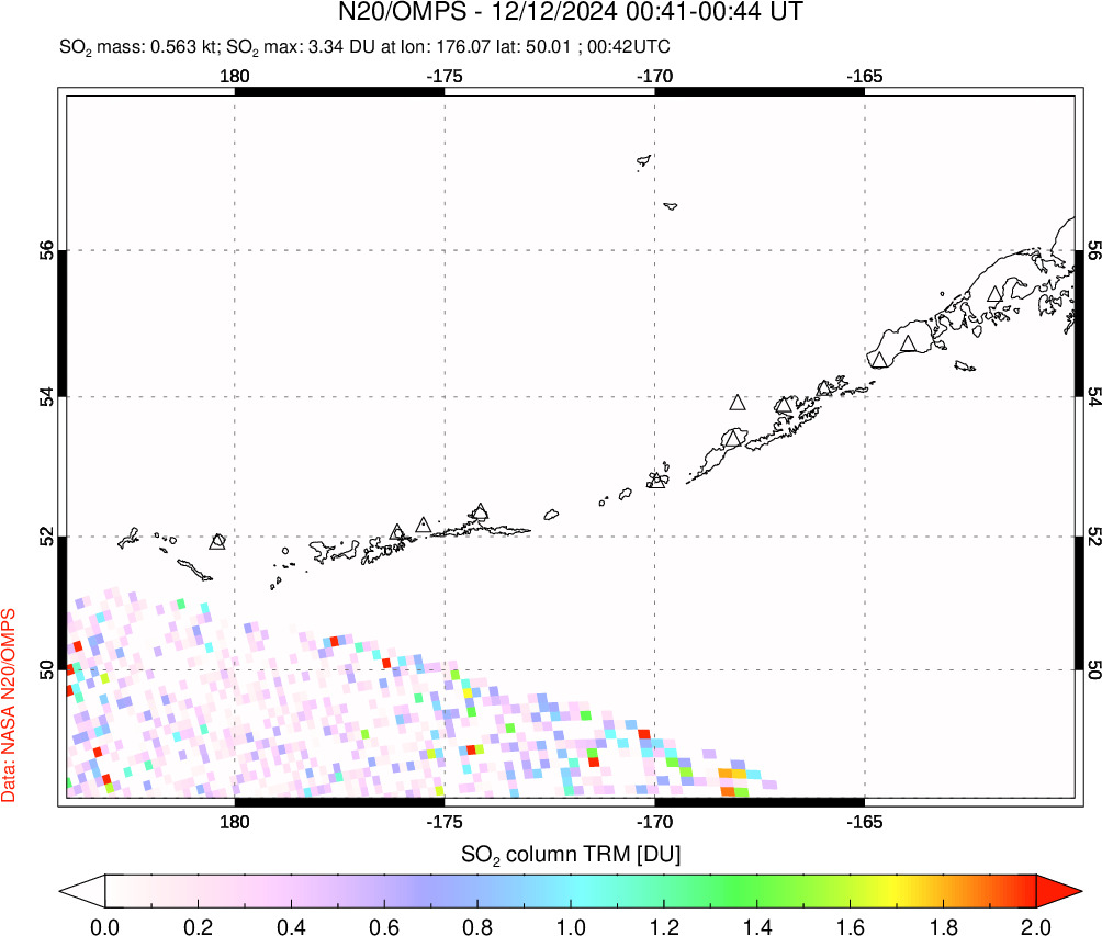 A sulfur dioxide image over Aleutian Islands, Alaska, USA on Dec 12, 2024.