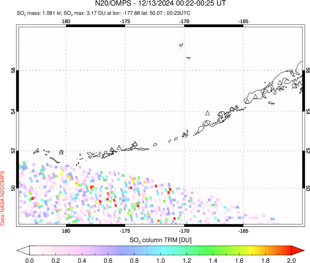 A sulfur dioxide image over Aleutian Islands, Alaska, USA on Dec 13, 2024.