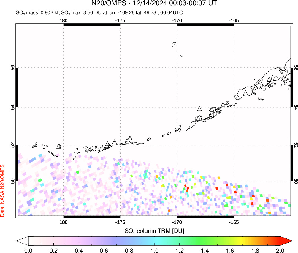 A sulfur dioxide image over Aleutian Islands, Alaska, USA on Dec 14, 2024.