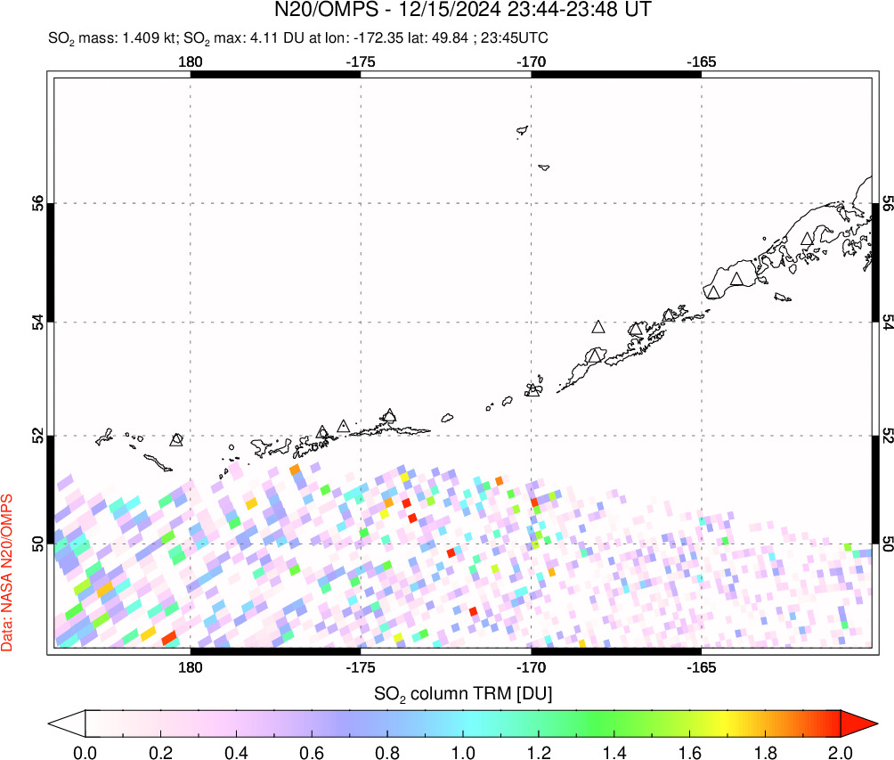 A sulfur dioxide image over Aleutian Islands, Alaska, USA on Dec 15, 2024.