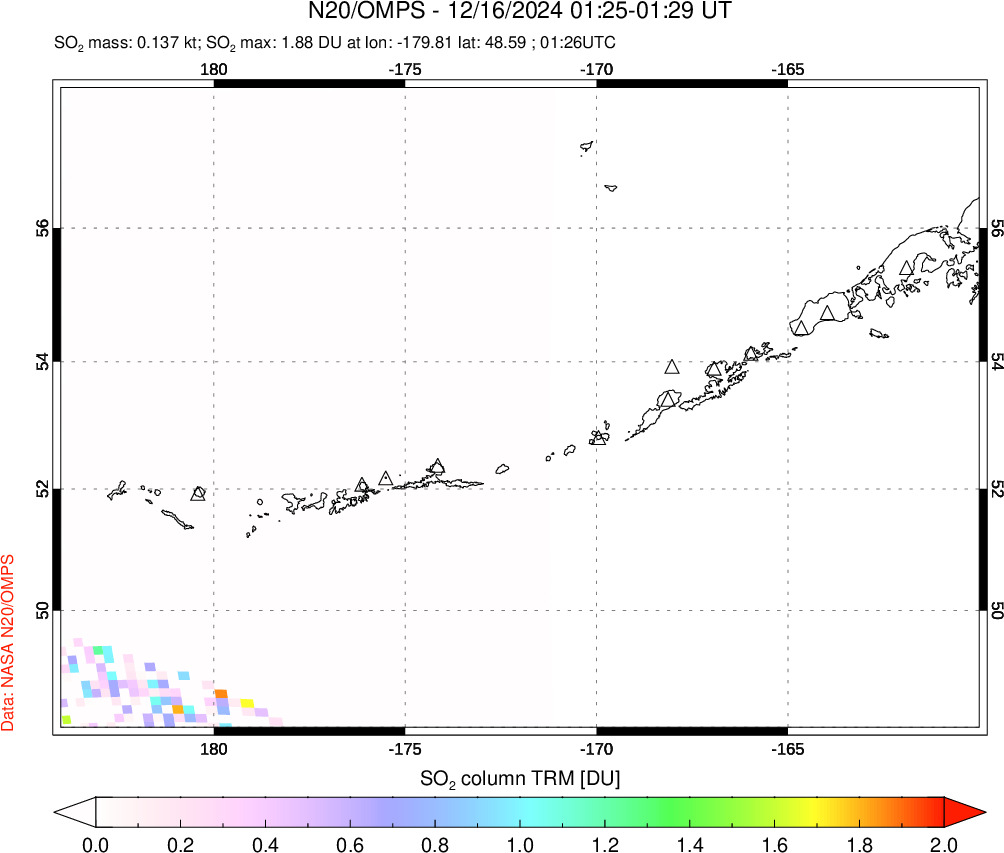 A sulfur dioxide image over Aleutian Islands, Alaska, USA on Dec 16, 2024.