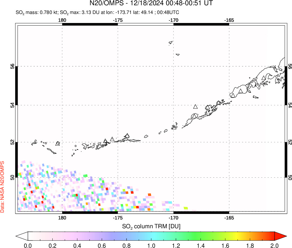 A sulfur dioxide image over Aleutian Islands, Alaska, USA on Dec 18, 2024.