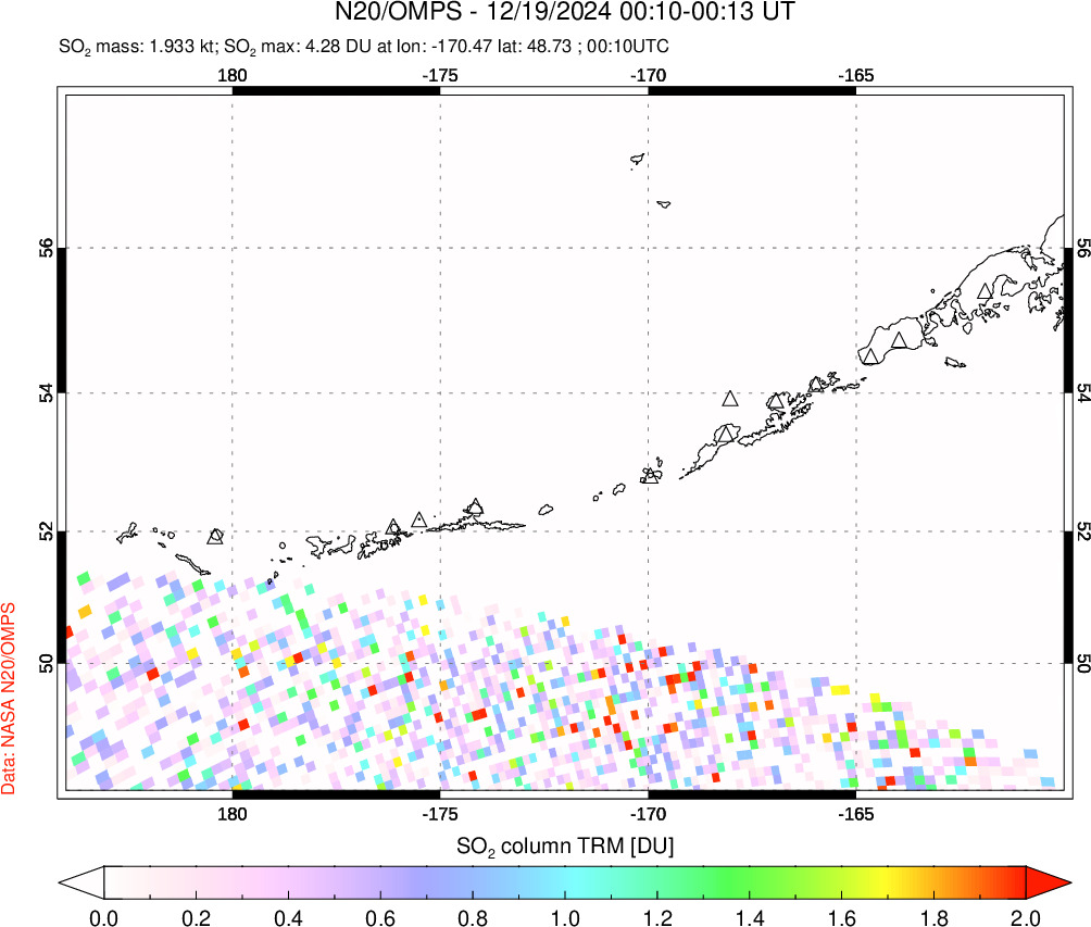 A sulfur dioxide image over Aleutian Islands, Alaska, USA on Dec 19, 2024.