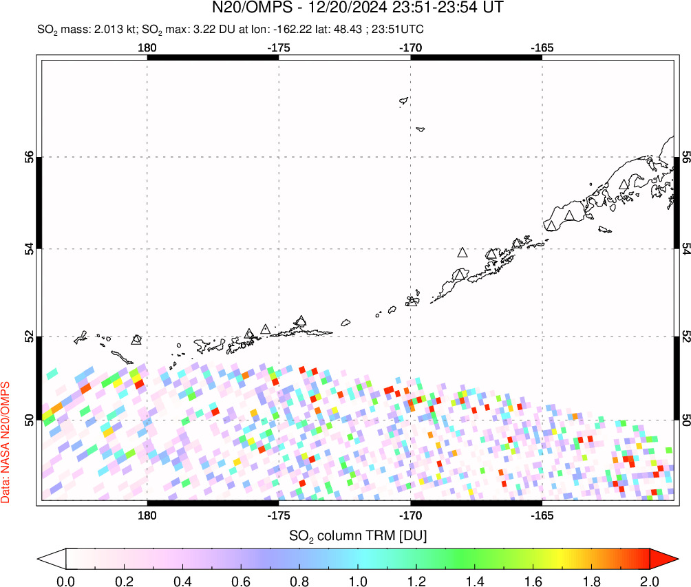 A sulfur dioxide image over Aleutian Islands, Alaska, USA on Dec 20, 2024.