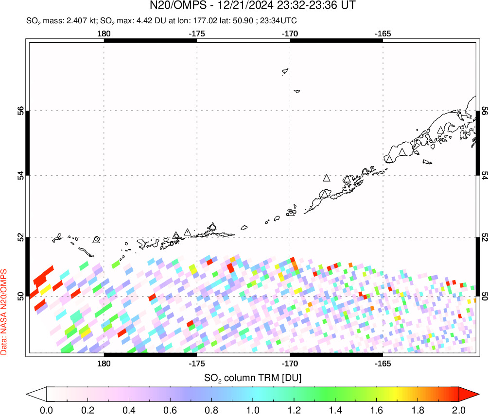 A sulfur dioxide image over Aleutian Islands, Alaska, USA on Dec 21, 2024.