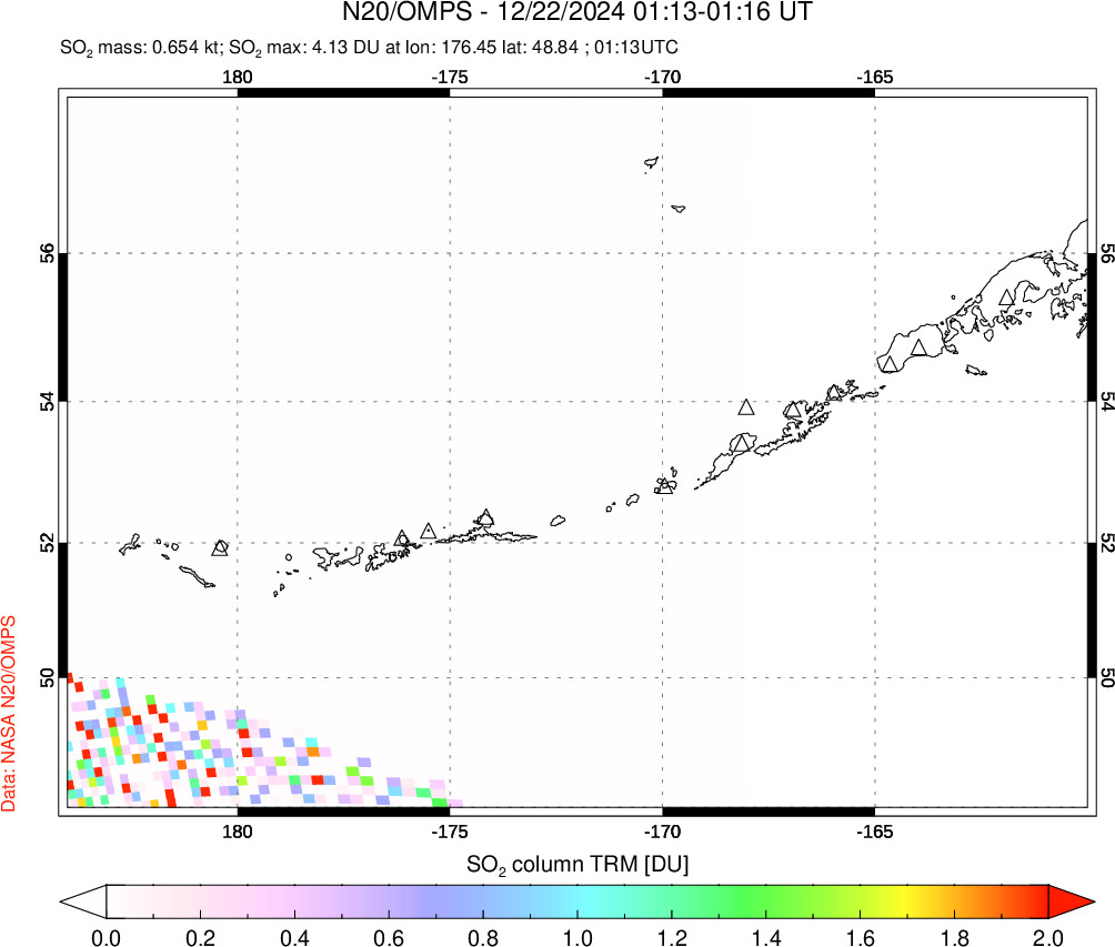 A sulfur dioxide image over Aleutian Islands, Alaska, USA on Dec 22, 2024.