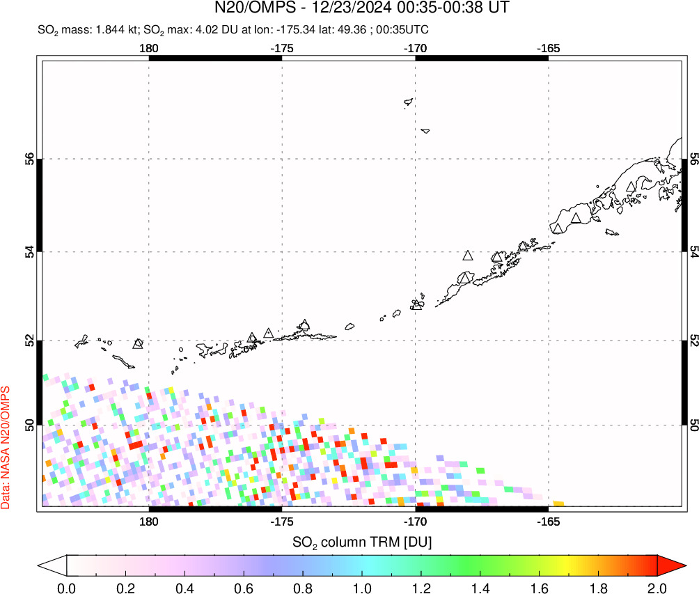 A sulfur dioxide image over Aleutian Islands, Alaska, USA on Dec 23, 2024.