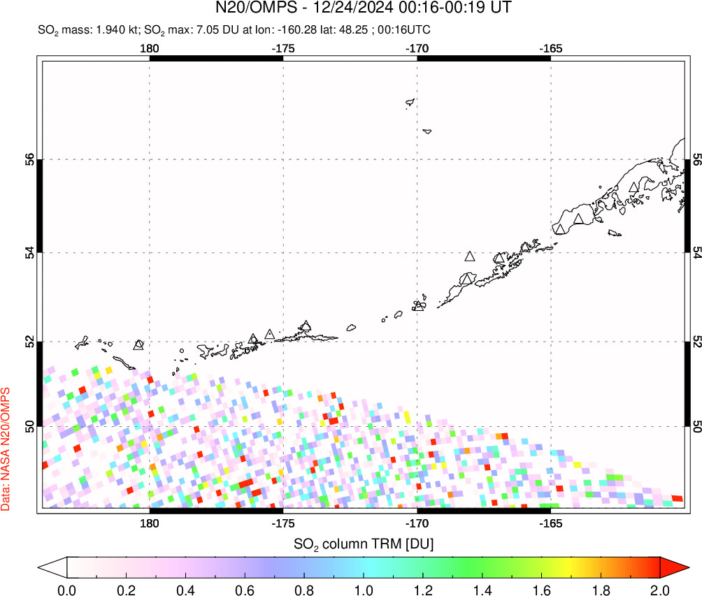 A sulfur dioxide image over Aleutian Islands, Alaska, USA on Dec 24, 2024.