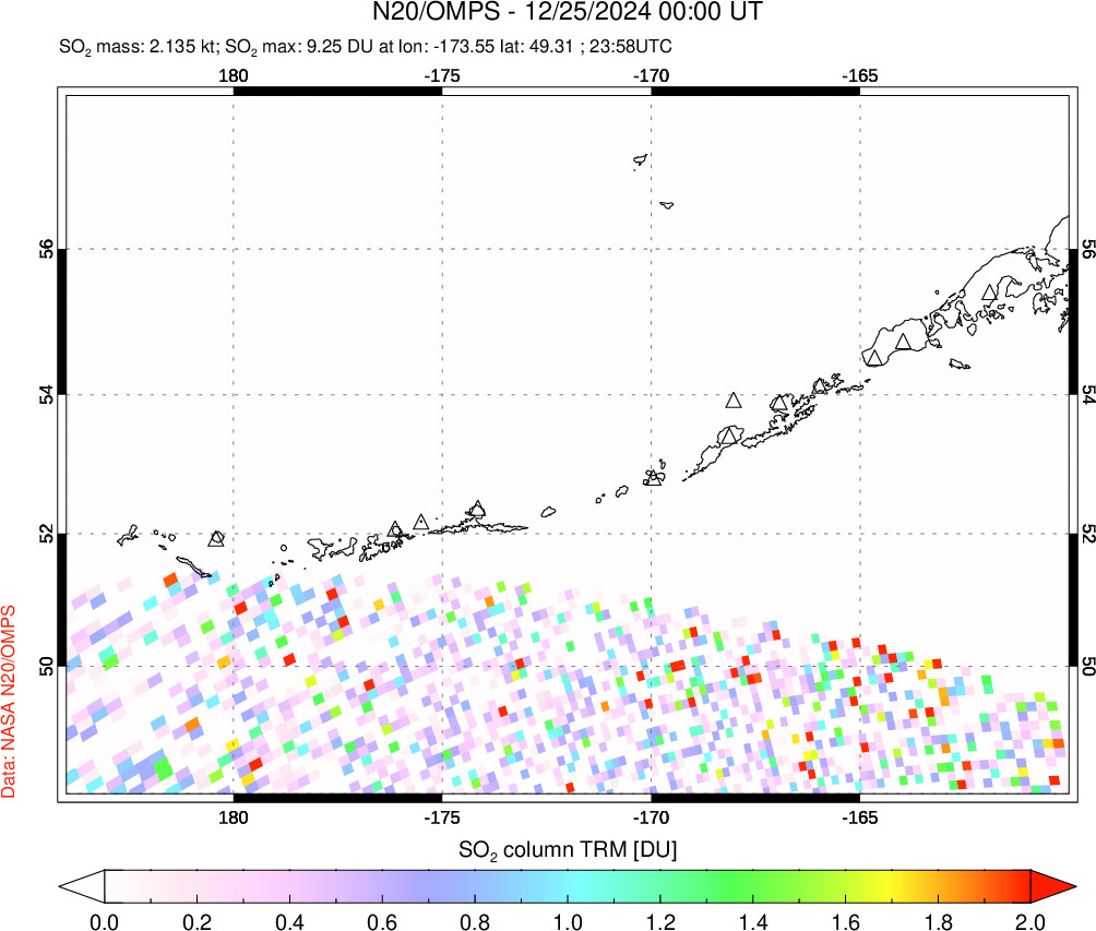 A sulfur dioxide image over Aleutian Islands, Alaska, USA on Dec 25, 2024.