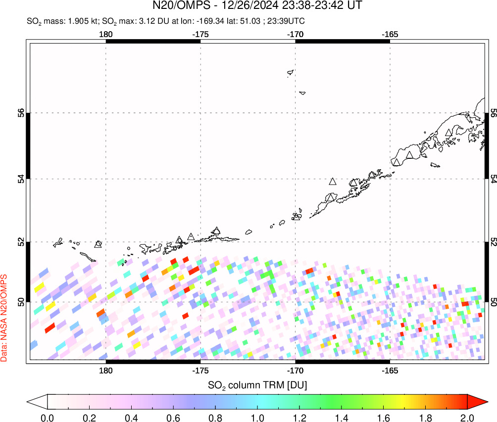 A sulfur dioxide image over Aleutian Islands, Alaska, USA on Dec 26, 2024.