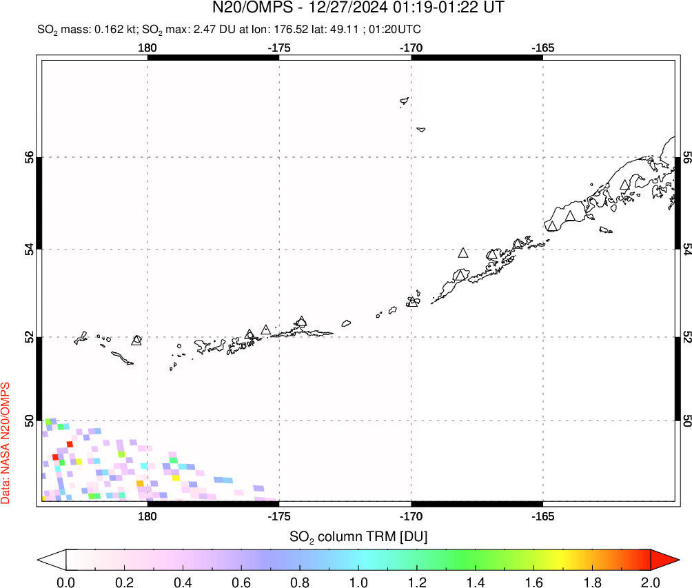 A sulfur dioxide image over Aleutian Islands, Alaska, USA on Dec 27, 2024.