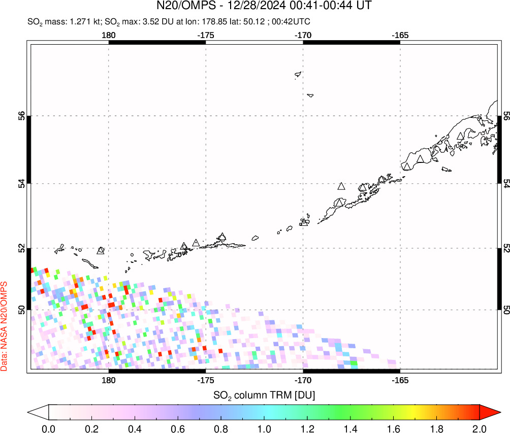 A sulfur dioxide image over Aleutian Islands, Alaska, USA on Dec 28, 2024.