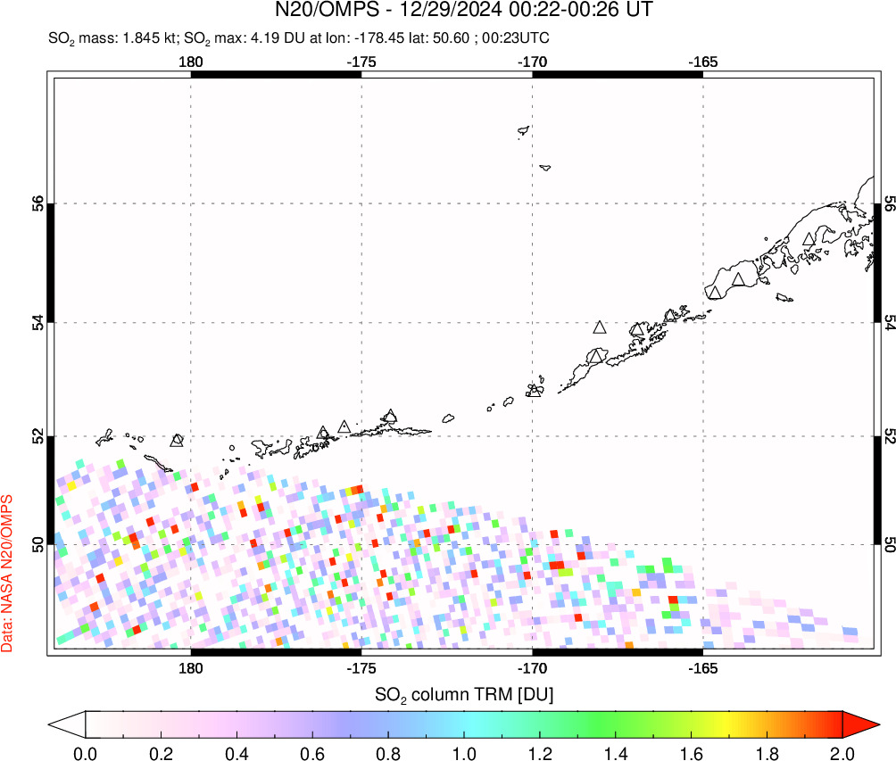 A sulfur dioxide image over Aleutian Islands, Alaska, USA on Dec 29, 2024.