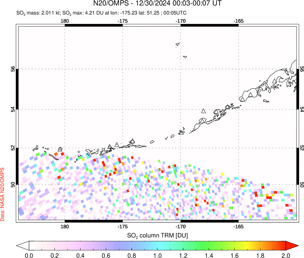 A sulfur dioxide image over Aleutian Islands, Alaska, USA on Dec 30, 2024.