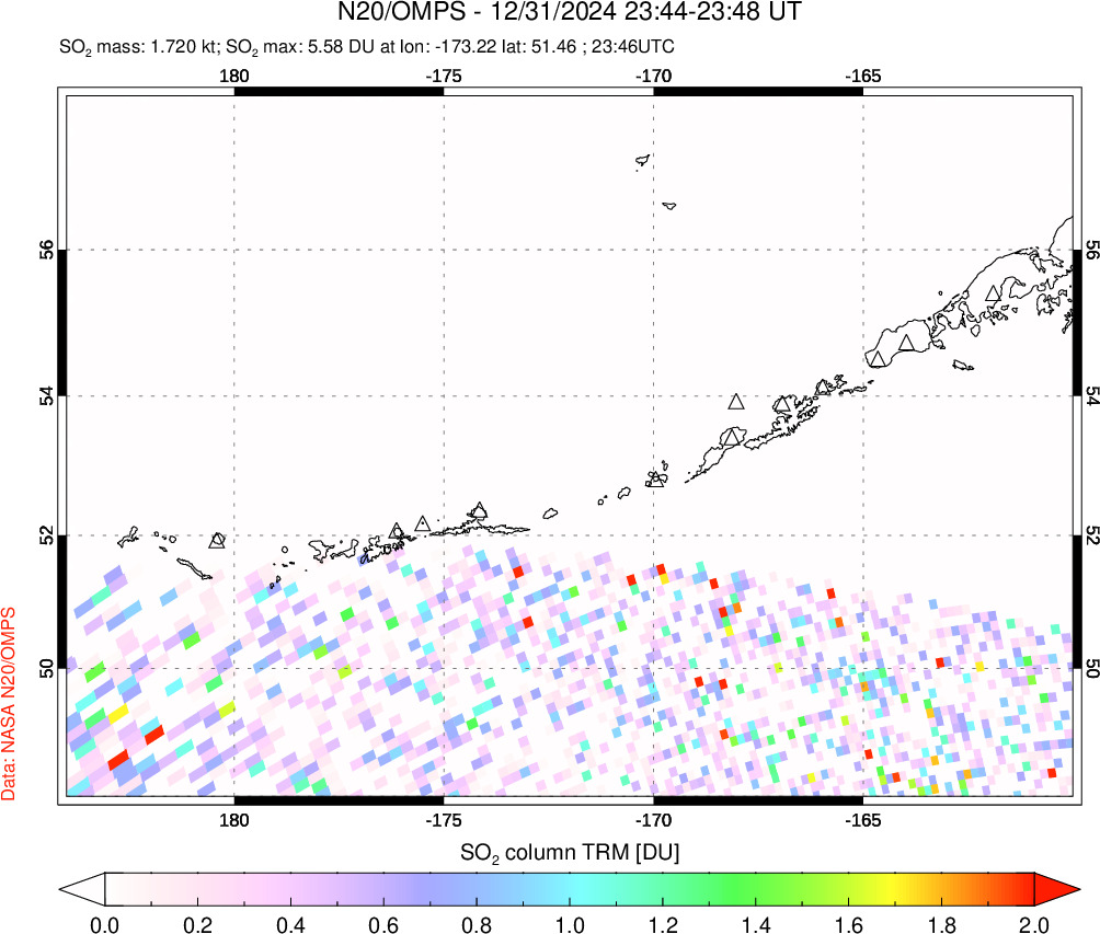 A sulfur dioxide image over Aleutian Islands, Alaska, USA on Dec 31, 2024.