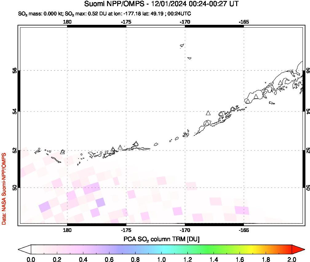 A sulfur dioxide image over Aleutian Islands, Alaska, USA on Dec 01, 2024.