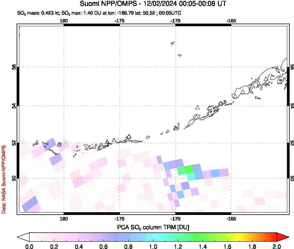 A sulfur dioxide image over Aleutian Islands, Alaska, USA on Dec 02, 2024.