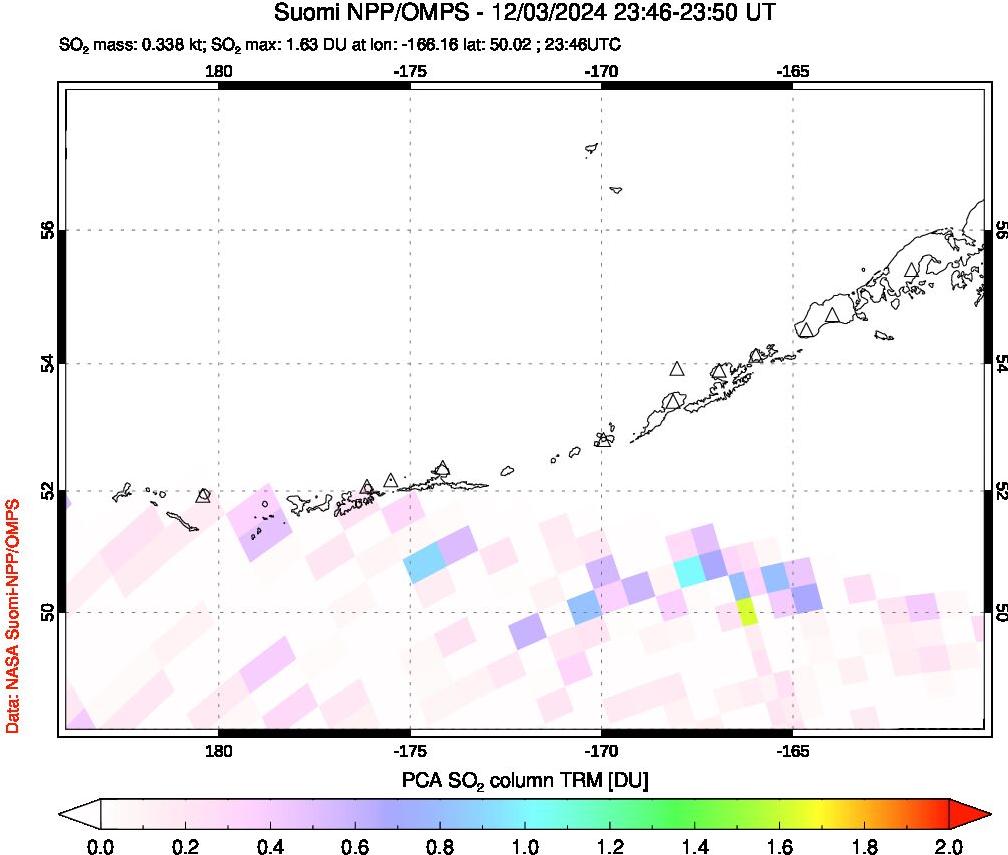 A sulfur dioxide image over Aleutian Islands, Alaska, USA on Dec 03, 2024.