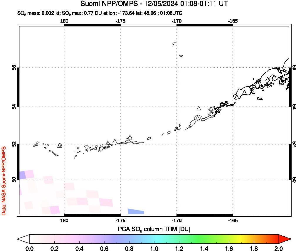 A sulfur dioxide image over Aleutian Islands, Alaska, USA on Dec 05, 2024.