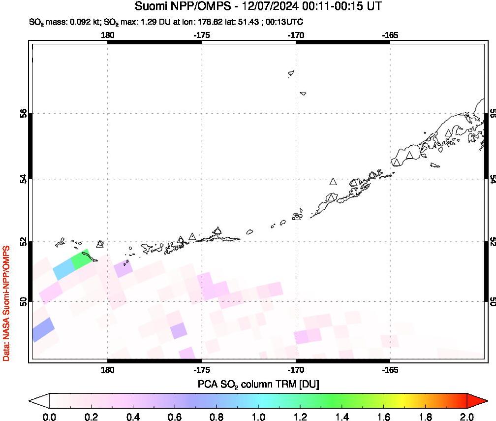 A sulfur dioxide image over Aleutian Islands, Alaska, USA on Dec 07, 2024.