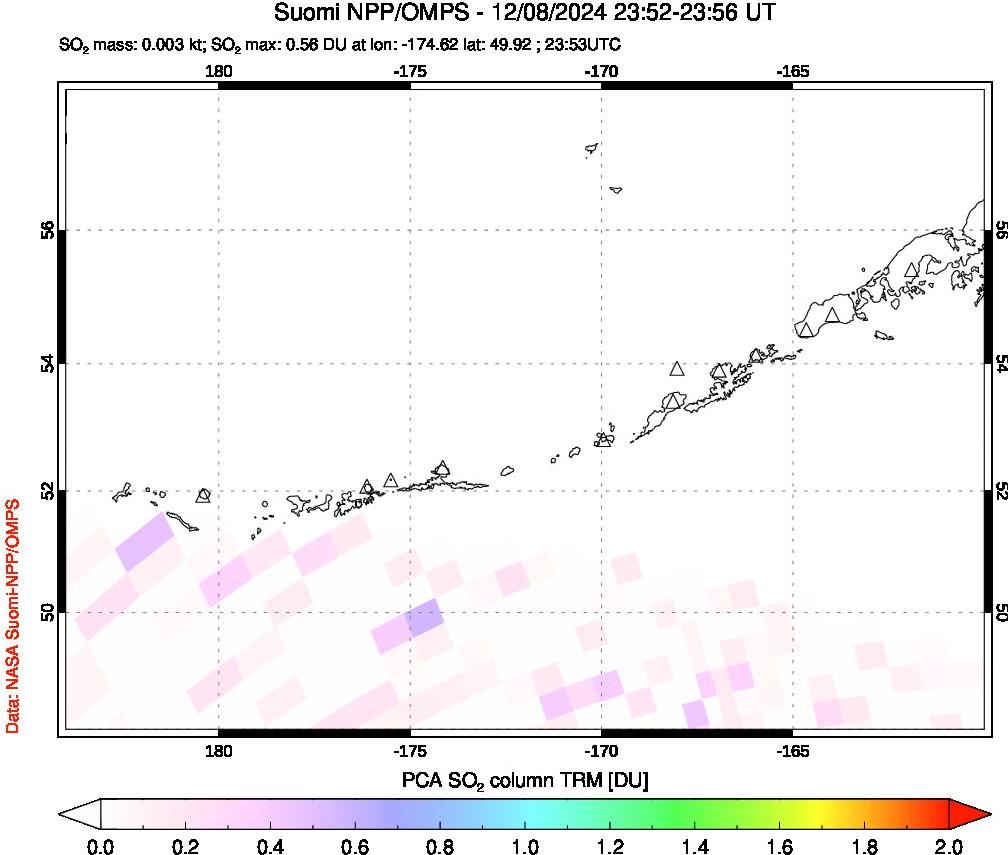 A sulfur dioxide image over Aleutian Islands, Alaska, USA on Dec 08, 2024.