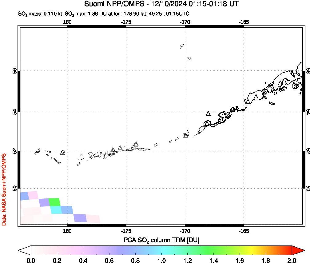 A sulfur dioxide image over Aleutian Islands, Alaska, USA on Dec 10, 2024.