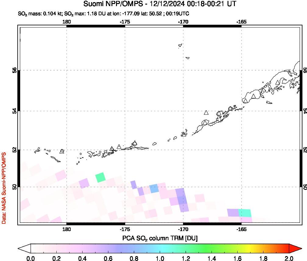 A sulfur dioxide image over Aleutian Islands, Alaska, USA on Dec 12, 2024.