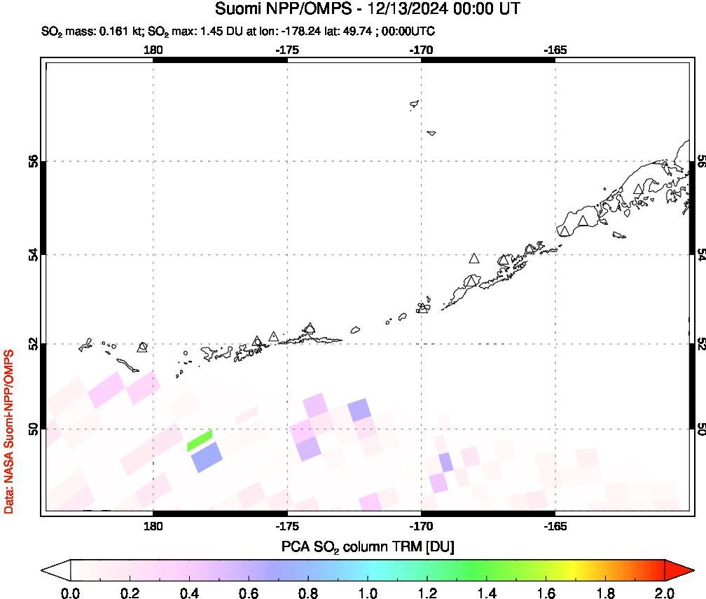 A sulfur dioxide image over Aleutian Islands, Alaska, USA on Dec 13, 2024.