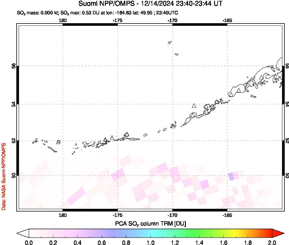 A sulfur dioxide image over Aleutian Islands, Alaska, USA on Dec 14, 2024.