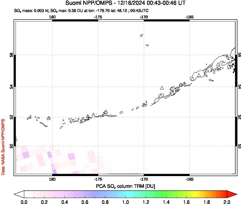 A sulfur dioxide image over Aleutian Islands, Alaska, USA on Dec 16, 2024.