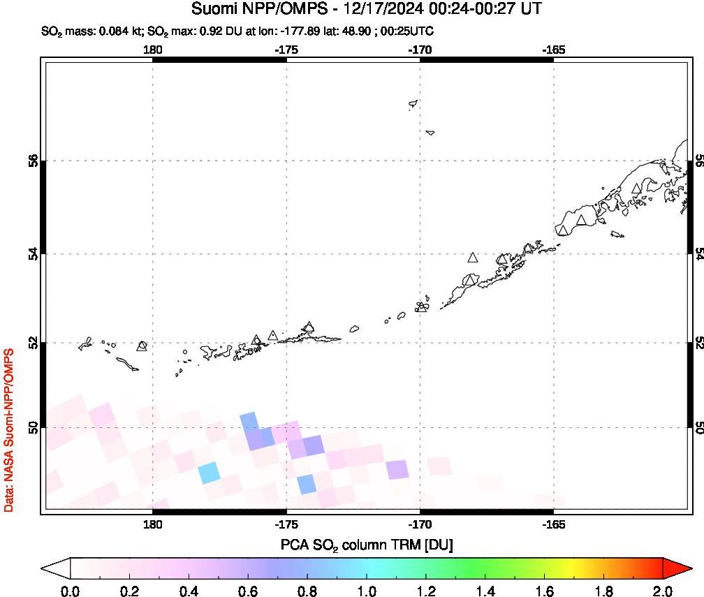 A sulfur dioxide image over Aleutian Islands, Alaska, USA on Dec 17, 2024.