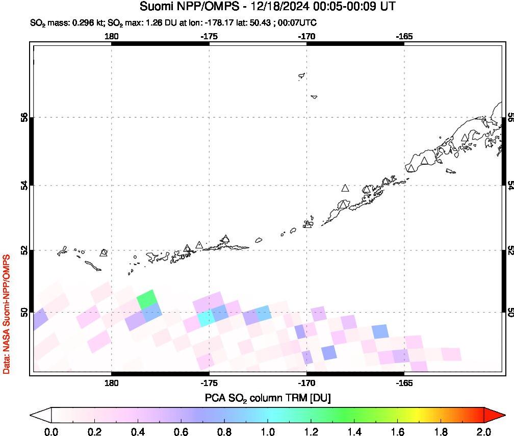 A sulfur dioxide image over Aleutian Islands, Alaska, USA on Dec 18, 2024.