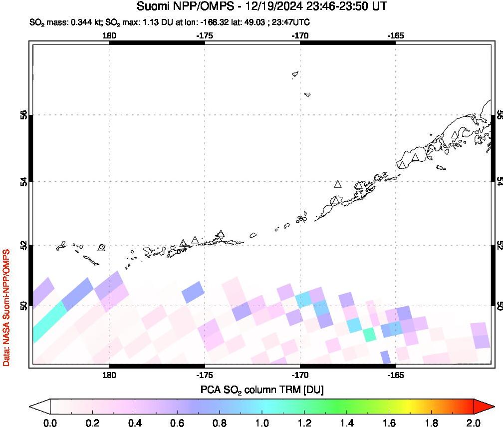 A sulfur dioxide image over Aleutian Islands, Alaska, USA on Dec 19, 2024.